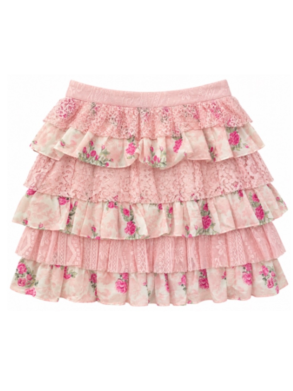 LoveShackFancy Pink Floral Lace Ruffle Mini Skirt Melrita Skirt